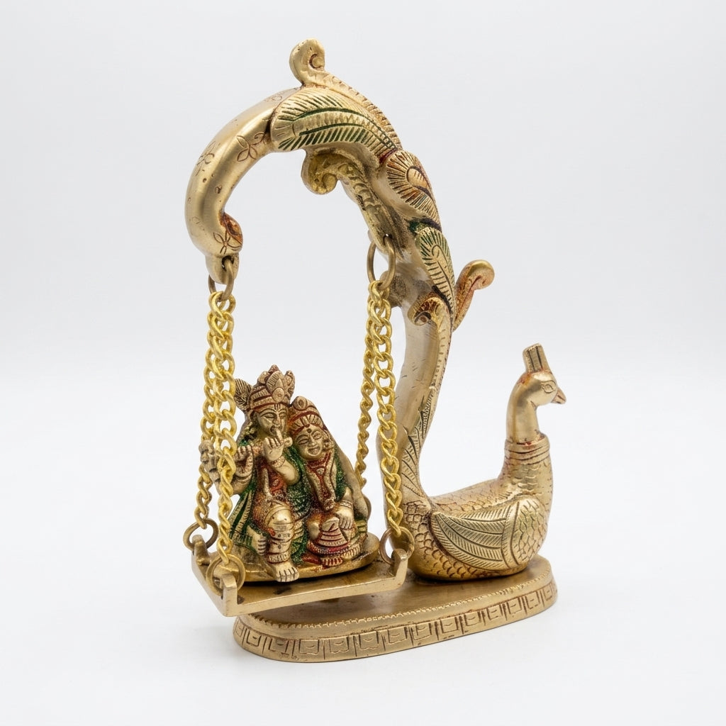 Svarn Studio Brass Radha Krishna Jhoola with Peacock | Yellow Gold | Hand-Enamelled Idol