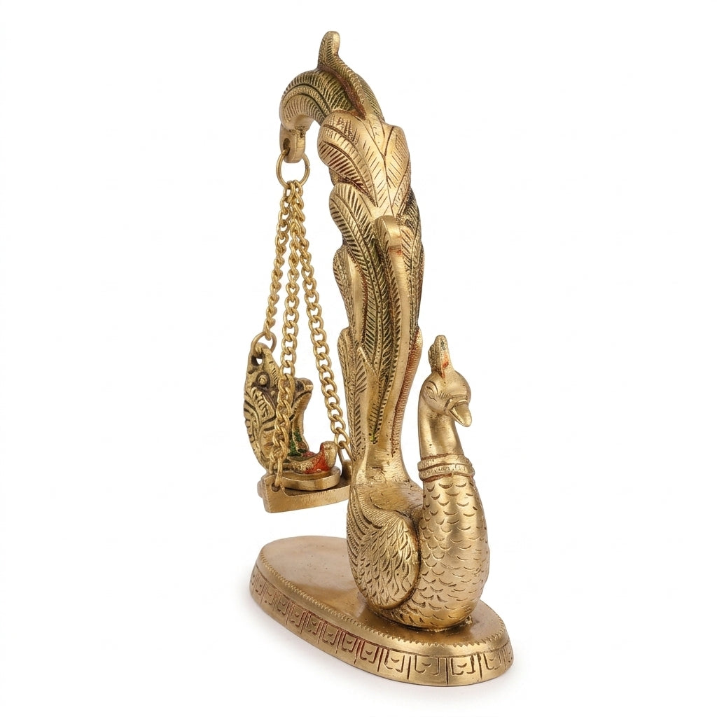 Svarn Studio Brass Radha Krishna Jhoola with Peacock | Yellow Gold | Hand-Enamelled Idol