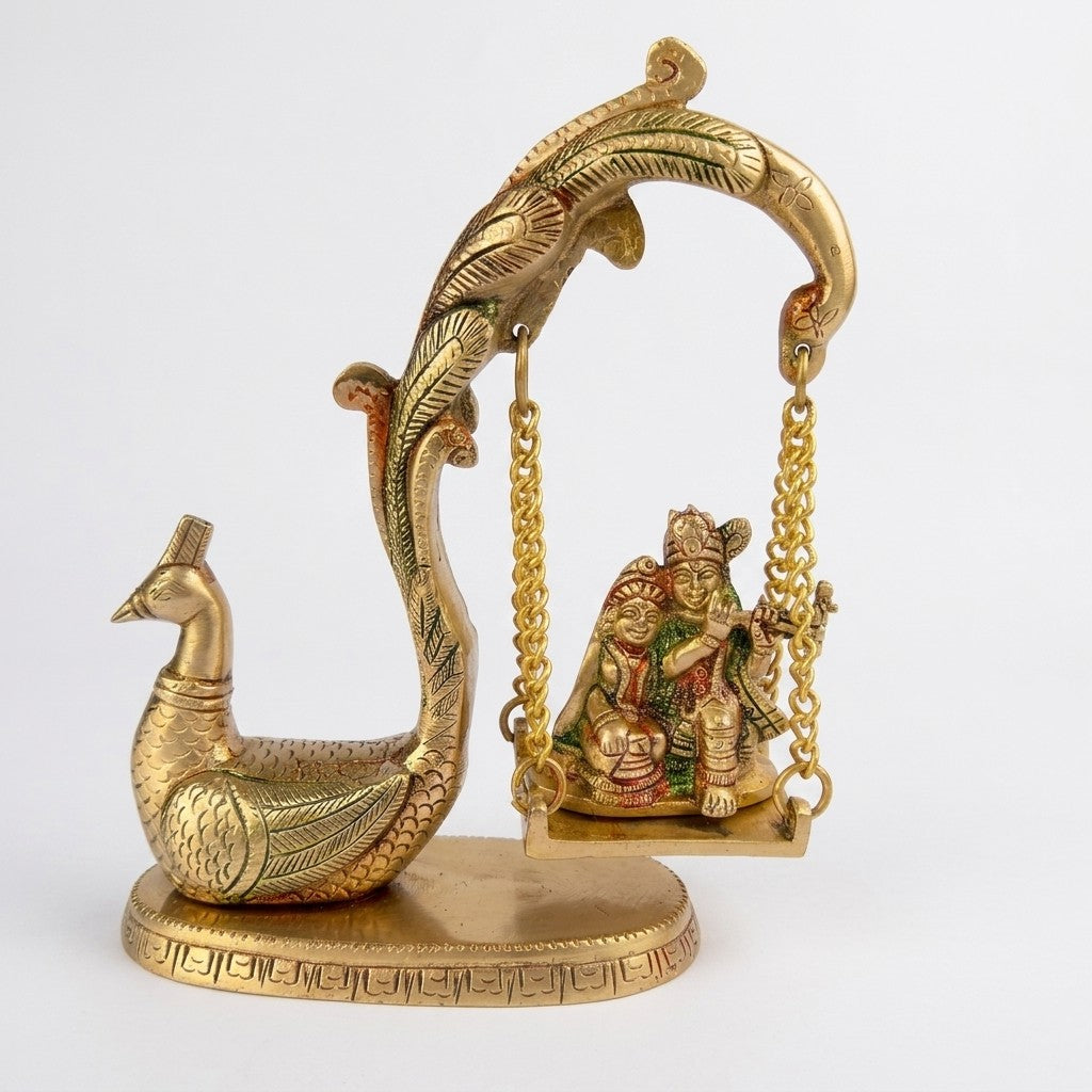 Svarn Studio Brass Radha Krishna Jhoola with Peacock | Yellow Gold | Hand-Enamelled Idol