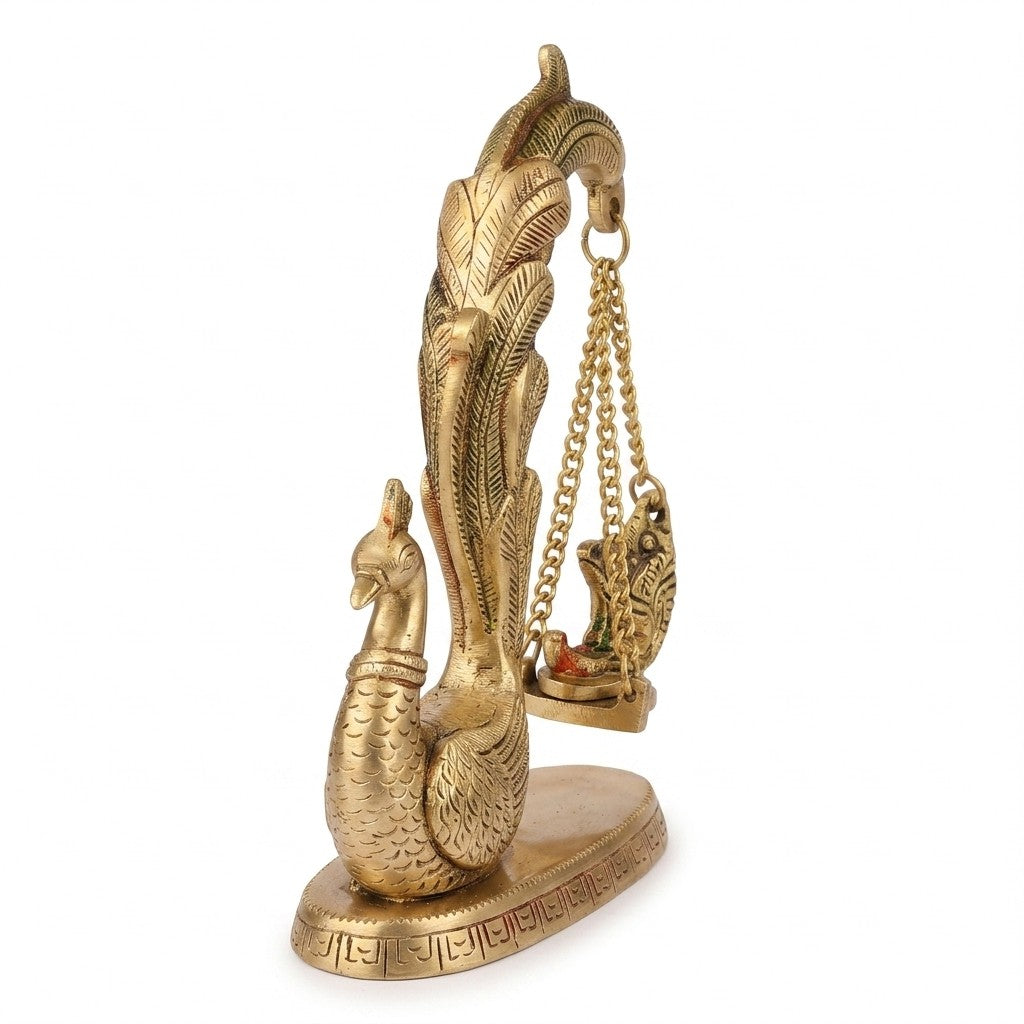 Svarn Studio Brass Radha Krishna Jhoola with Peacock | Yellow Gold | Hand-Enamelled Idol