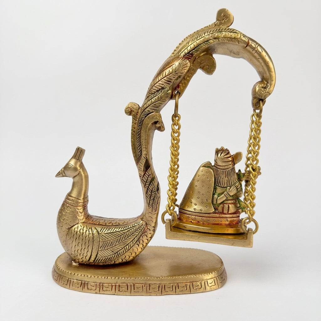Svarn Studio Brass Radha Krishna Jhoola with Peacock | Yellow Gold | Hand-Enamelled Idol