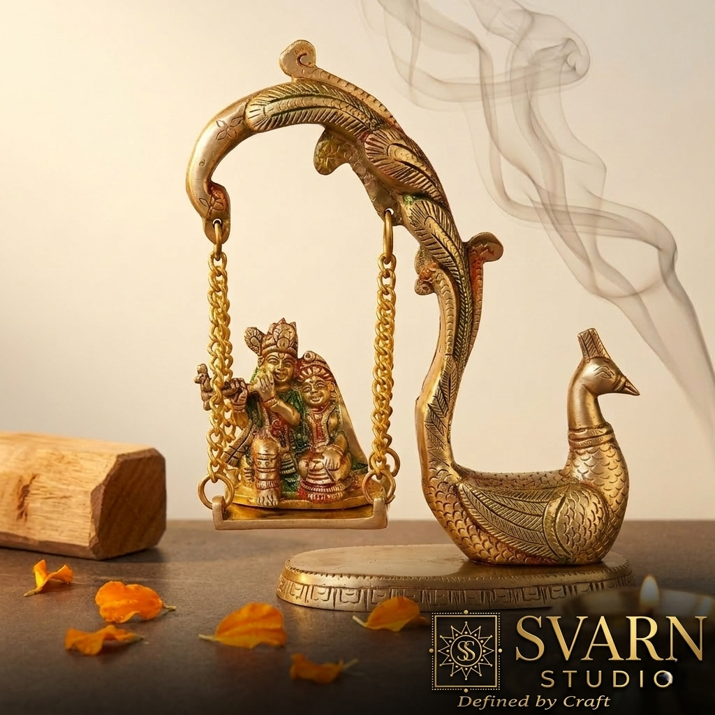 Svarn Studio Brass Radha Krishna Jhoola with Peacock | Yellow Gold | Hand-Enamelled Idol