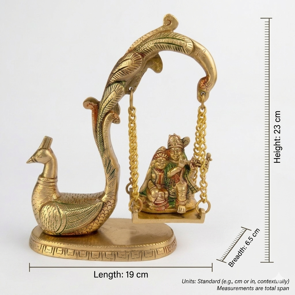 Svarn Studio Brass Radha Krishna Jhoola with Peacock | Yellow Gold | Hand-Enamelled Idol