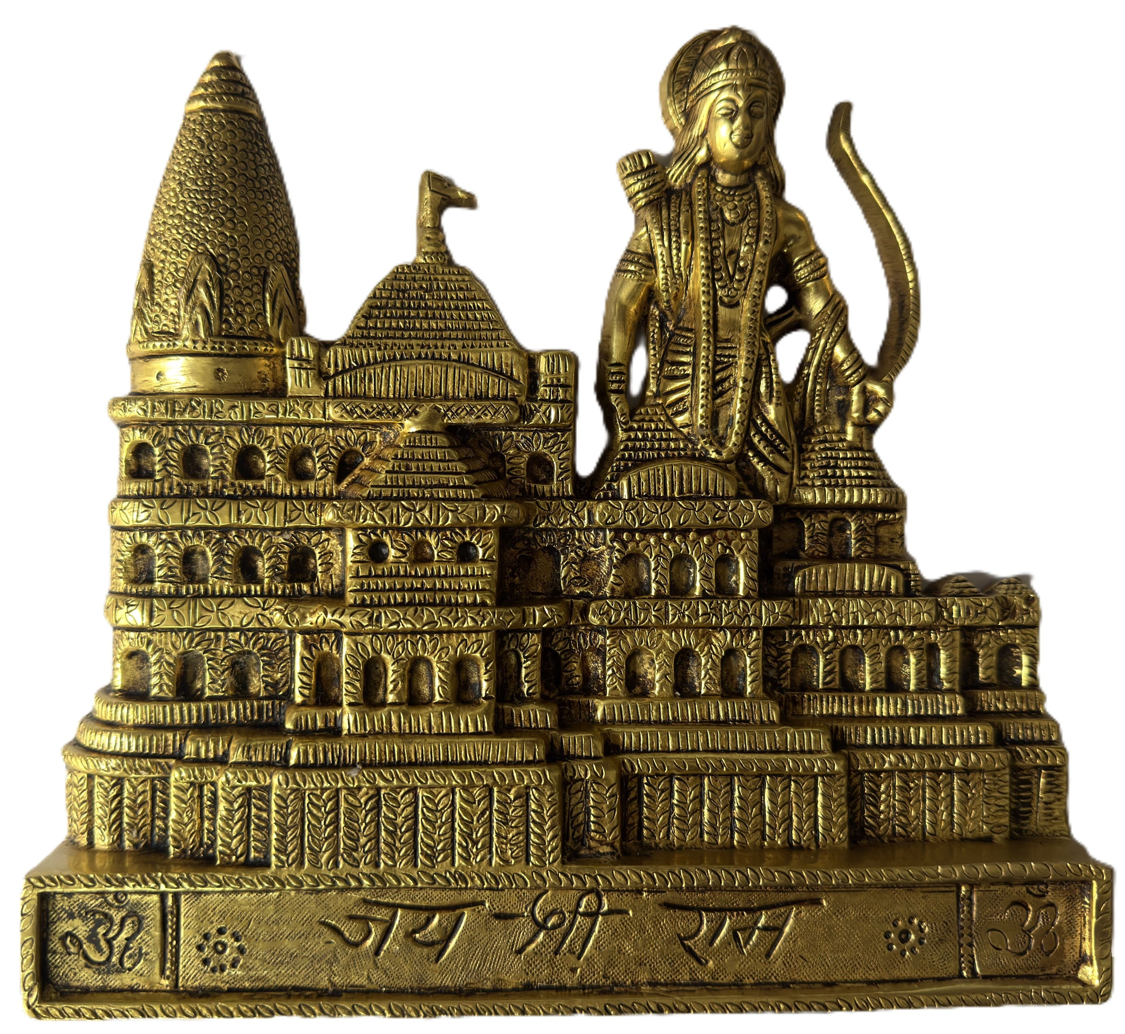 Svarn Studio Brass Ram Mandir - Front view on white background showing full temple architecture with Lord Ram, Shikhara and Jai Shri Ram base