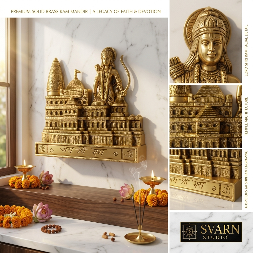 Svarn Studio Brass Ram Mandir - Lifestyle on marble wall with marigold garlands, brass diyas and detail panels of Lord Ram face, temple architecture, Jai Shri Ram engraving and Om symbol