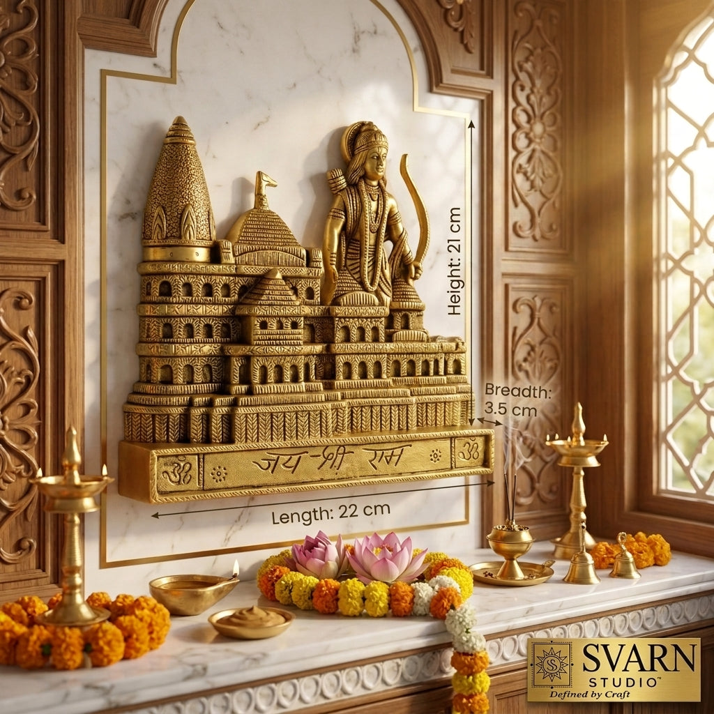 Svarn Studio Brass Ram Mandir - Dimensions: Height 21cm, Length 22cm, Breadth 3.5cm in luxury puja room with wooden carved arch and brass diyas