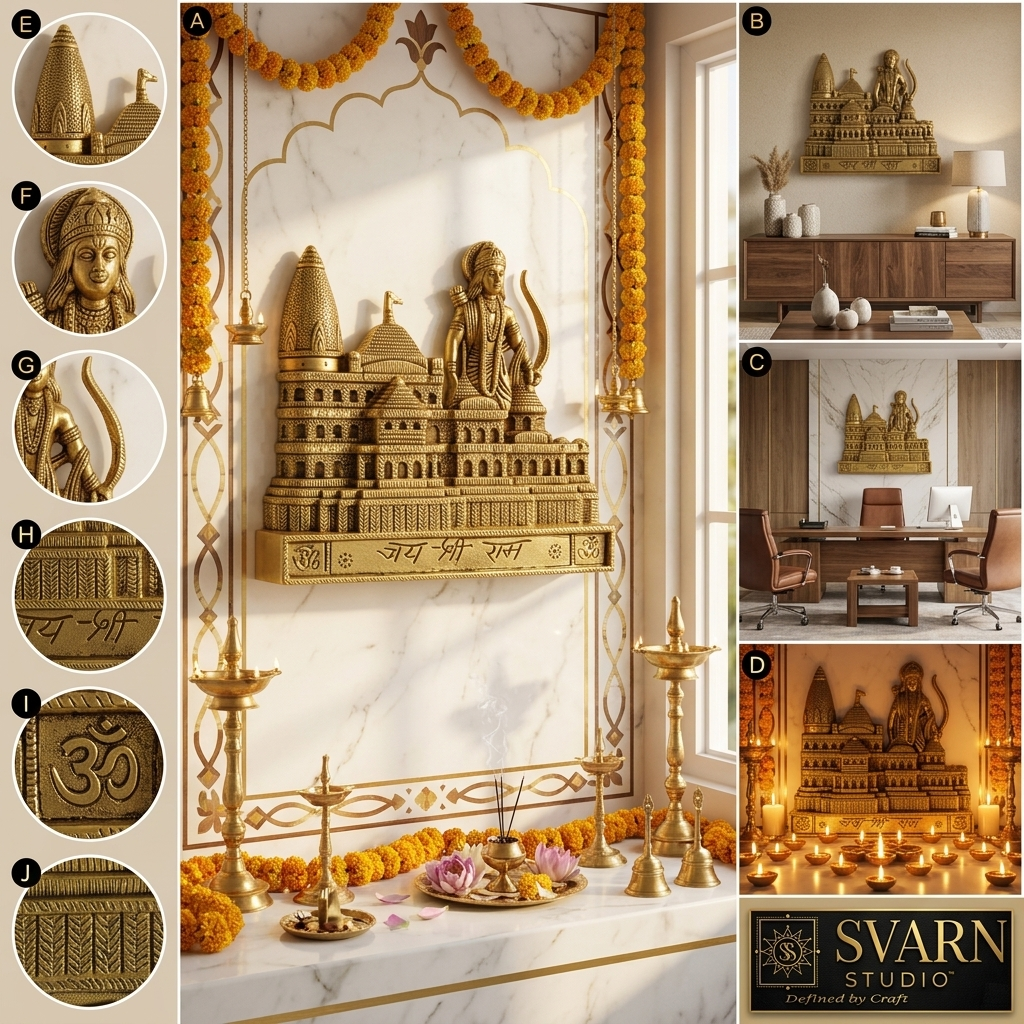 Svarn Studio Brass Ram Mandir - Multi-setting collage: Grand Puja Room, Living Room sideboard, Executive Office, Festive Diwali setting, and macro detail panels of Shikhara, Lord Ram face, bow, Jai Shri Ram engraving, Om symbol and temple frieze