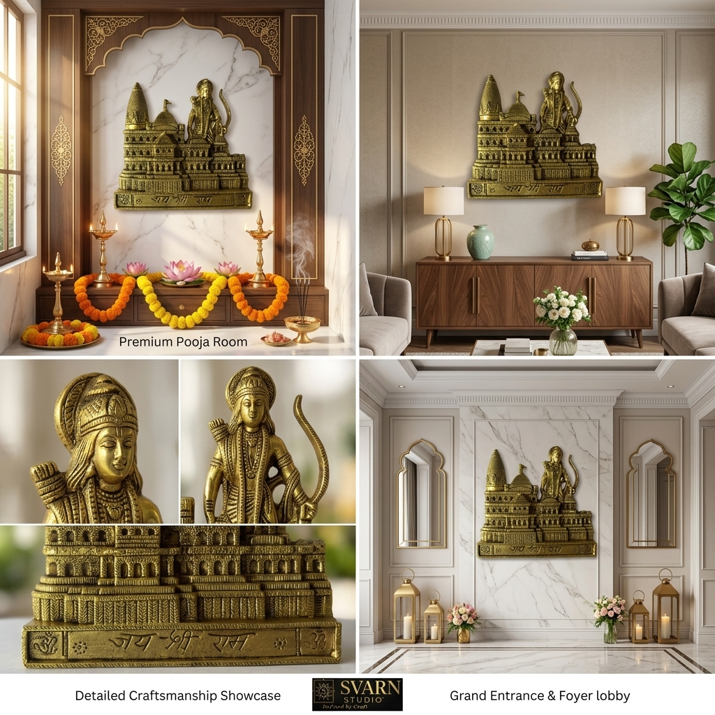 Svarn Studio Brass Ram Mandir - Four-panel lifestyle: Premium Pooja Room, Living Room console, Craftsmanship Showcase with Lord Ram close-up, Grand Entrance and Foyer Lobby