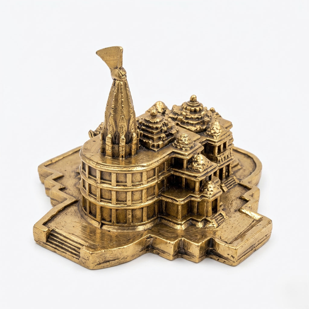 Svarn Studio Brass Ram Mandir - Five-panel lifestyle: Luxury Puja Room marble altar with brass diyas and marigolds, Macro close-up of shikhara and dhvaja on silk fabric, Living Room console with white lilies, Executive Office desk with city skyline view, Car dashboard luxury interior