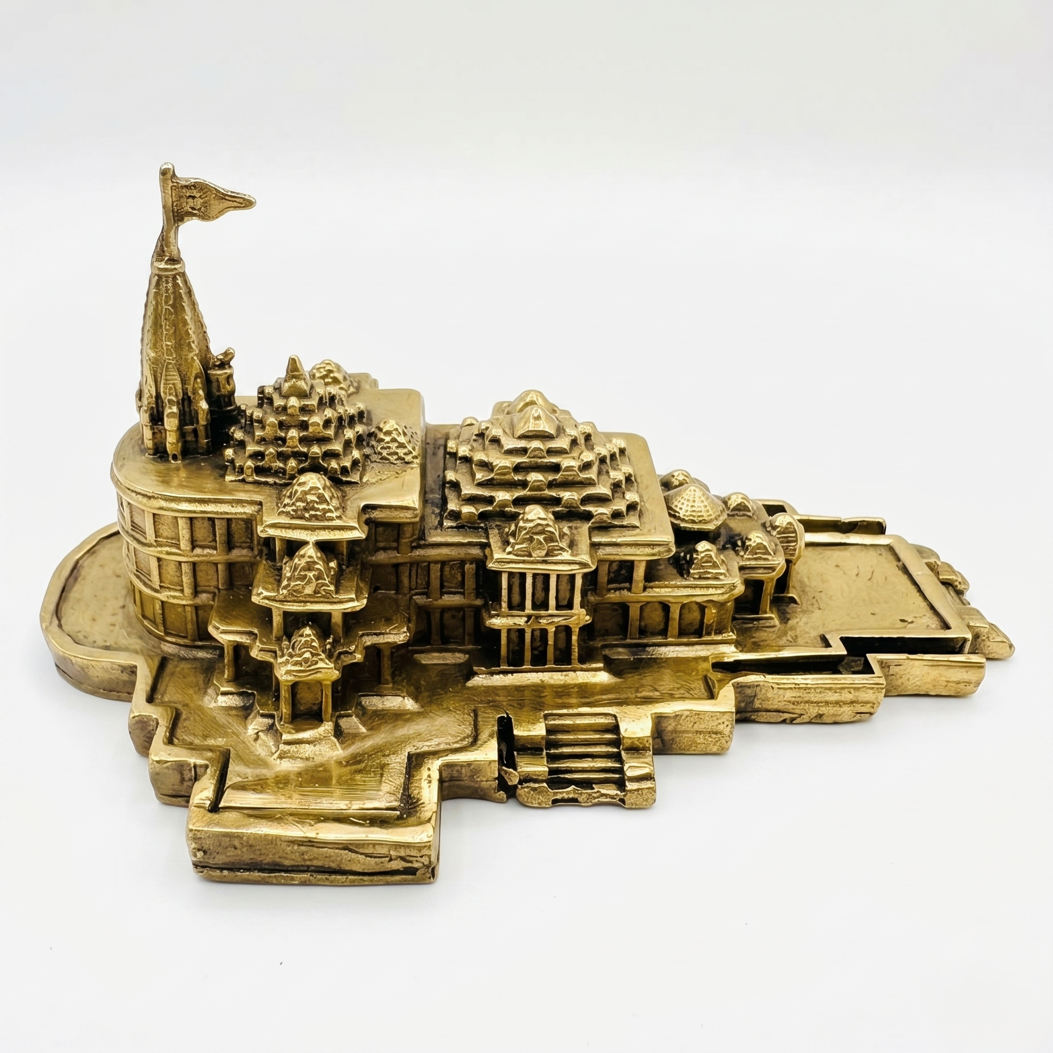 Svarn Studio Handcrafted Brass Ram Mandir Ayodhya Temple Replica Showpiece Antique Finish | Spiritual Home Décor | Premium Religious Gift | Puja Room, Office Display, & Car Dashboard 10x7x4.5 cm