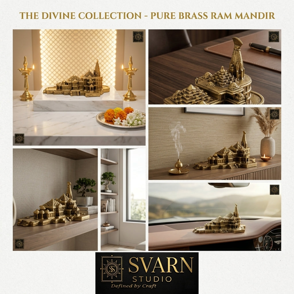 Svarn Studio Handcrafted Brass Ram Mandir Ayodhya Temple Replica Showpiece Antique Finish | Spiritual Home Décor | Premium Religious Gift | Puja Room, Office Display, & Car Dashboard 10x7x4.5 cm