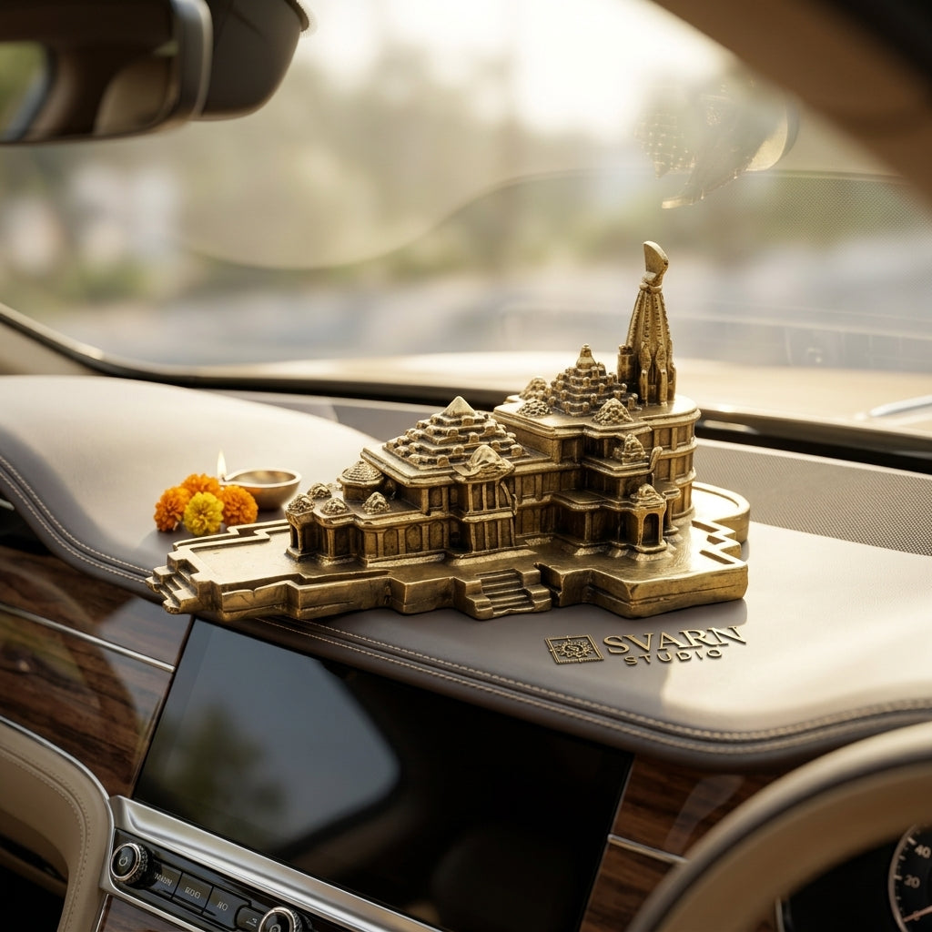 Svarn Studio Handcrafted Brass Ram Mandir Ayodhya Temple Replica Showpiece Antique Finish | Spiritual Home Décor | Premium Religious Gift | Puja Room, Office Display, & Car Dashboard 10x7x4.5 cm
