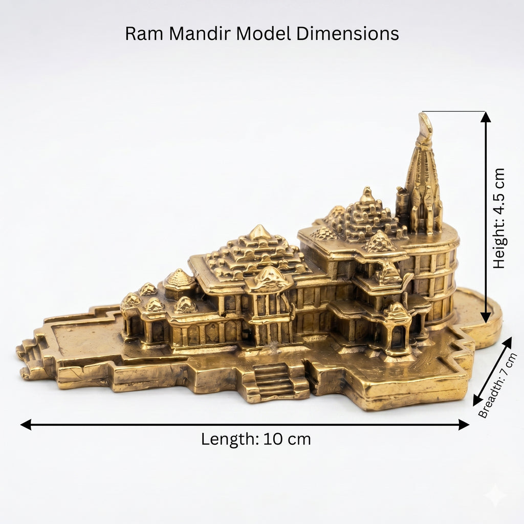 Svarn Studio Brass Ram Mandir - Dimensions: Length 10cm, Breadth 7cm, Height 4.5cm on white background showing side profile with full architectural detail