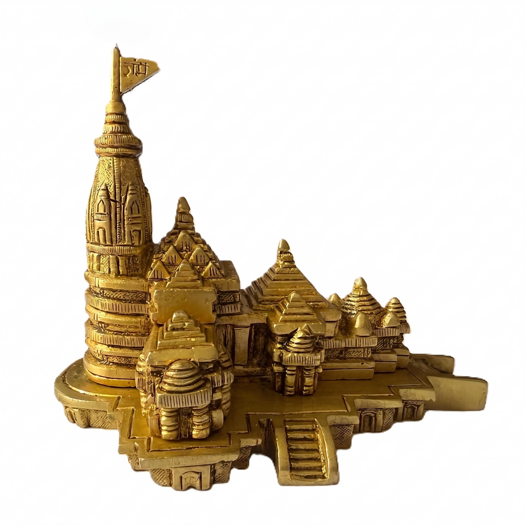 Svarn Studio Brass Ram Mandir 6 Inch - Executive Office lifestyle on dark wood panelled wall with warm cove lighting, Svarn Studio branding