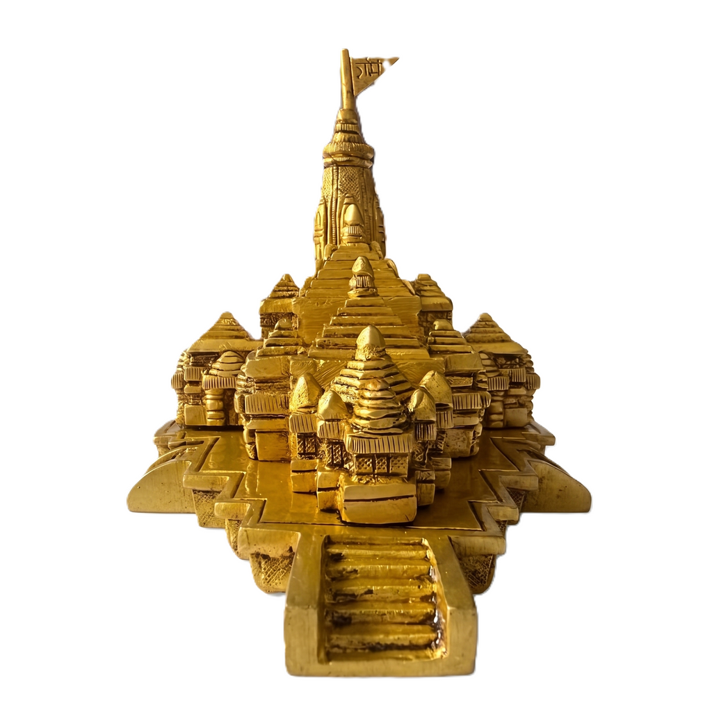 Svarn Studio Brass Ram Mandir 6 Inch - Puja Room lifestyle with marigold flowers, brass diyas, incense sticks on wooden altar with jali window and golden sunlight, Svarn Studio branding