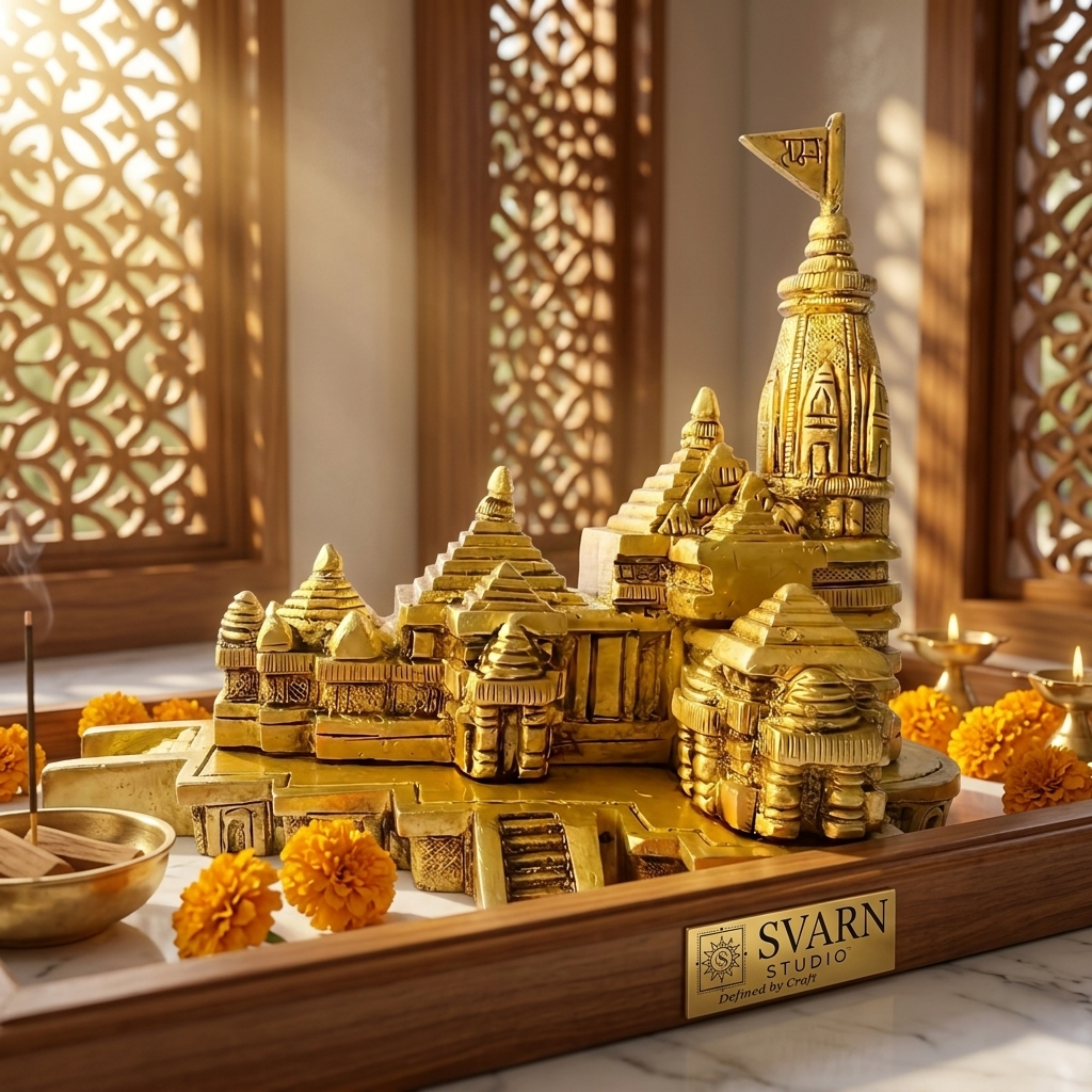 Svarn Studio Brass Ram Mandir 6 Inch - Five-panel lifestyle collage: Puja Room with marigolds and diyas, Living Room marble console with gift box, Executive Office city skyline, Niche display with spotlighting, Executive desk with pen and notebook