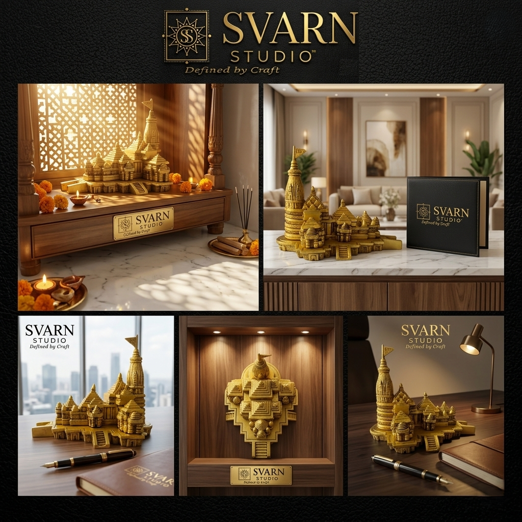 Svarn Studio Brass Ram Mandir 6 Inch - Four-panel lifestyle: Puja Room with marigolds and diyas, Living Room marble console with Svarn Studio gift box, Executive Office city skyline desk, Bookshelf with warm lighting