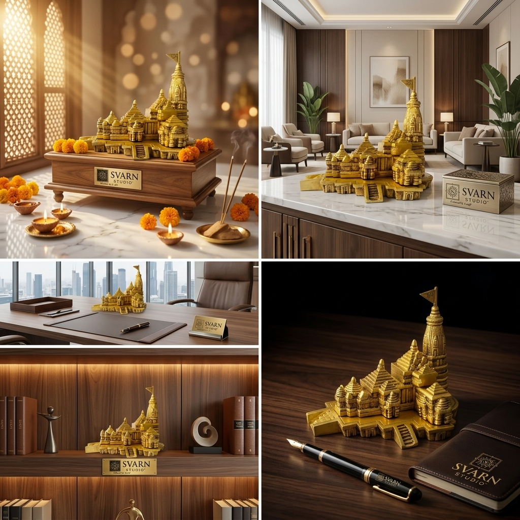 Svarn Studio Brass Ram Mandir 6 Inch - Four-panel lifestyle: Puja Room with marigolds and diyas, Living Room marble console with Svarn Studio gift box, Executive Office city skyline desk, Executive desk with pen and Svarn Studio notebook