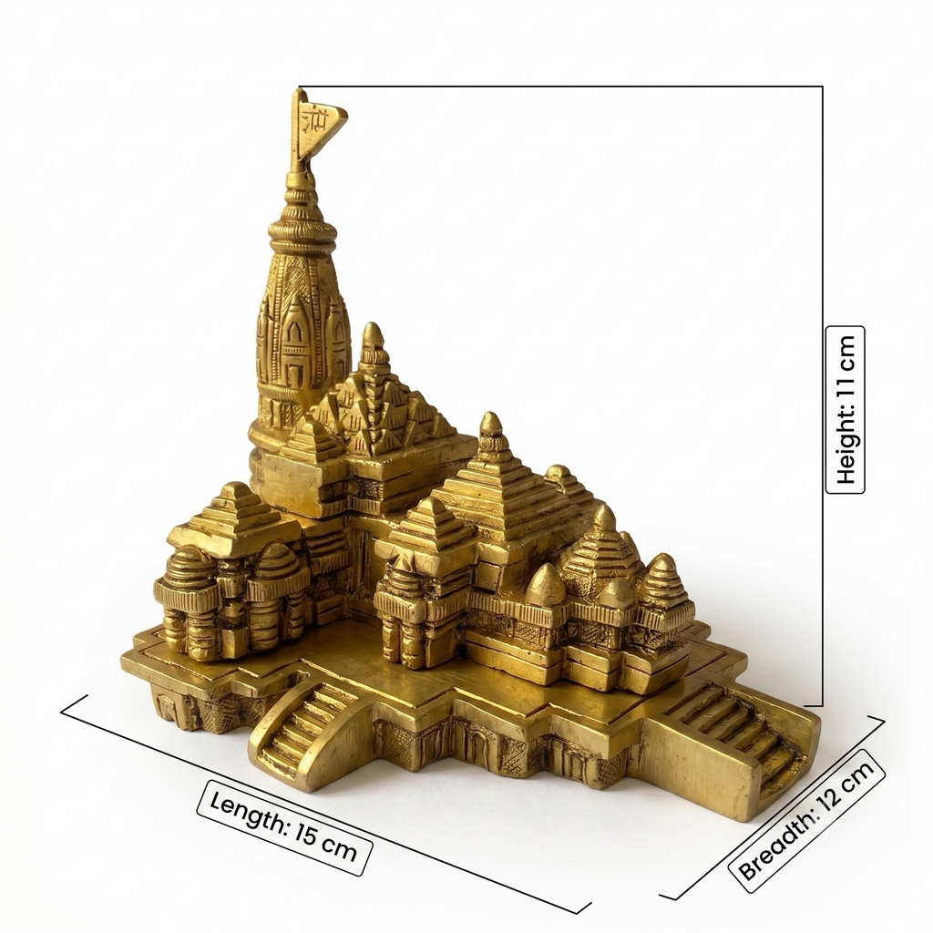 Svarn Studio Brass Ram Mandir 6 Inch - Dimensions: Length 15cm, Breadth 12cm, Height 11cm on white background showing full architectural detail with Nagara shikhara and dhvaja