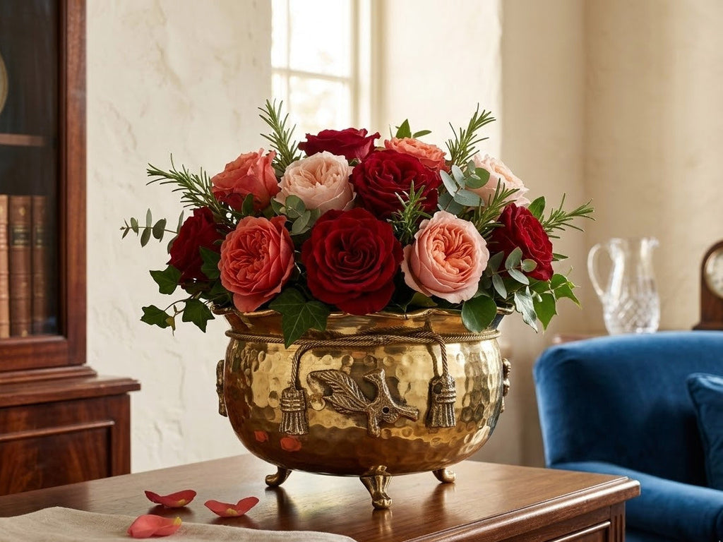 Svarn Studio pure antique brass rose bowl handcrafted urli floating flower bowl hammered finish home decor