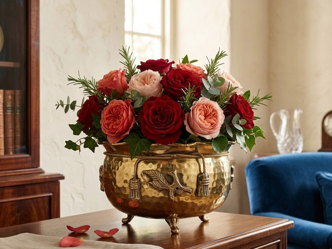 Svarn Studio pure antique brass rose bowl handcrafted urli floating flower bowl hammered finish home decor