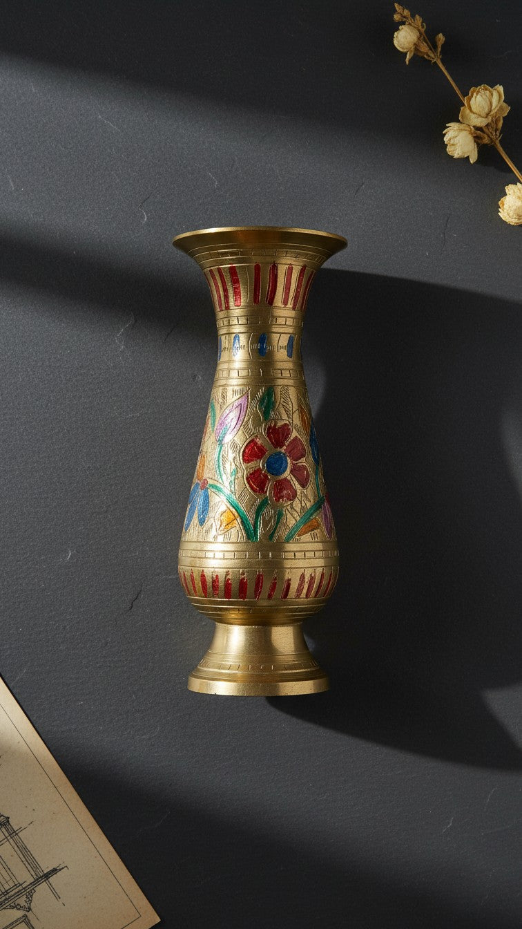 Pure Brass & Glass Decorative Vase | Handcrafted Meenakari Flower Vase | Svarn Studio