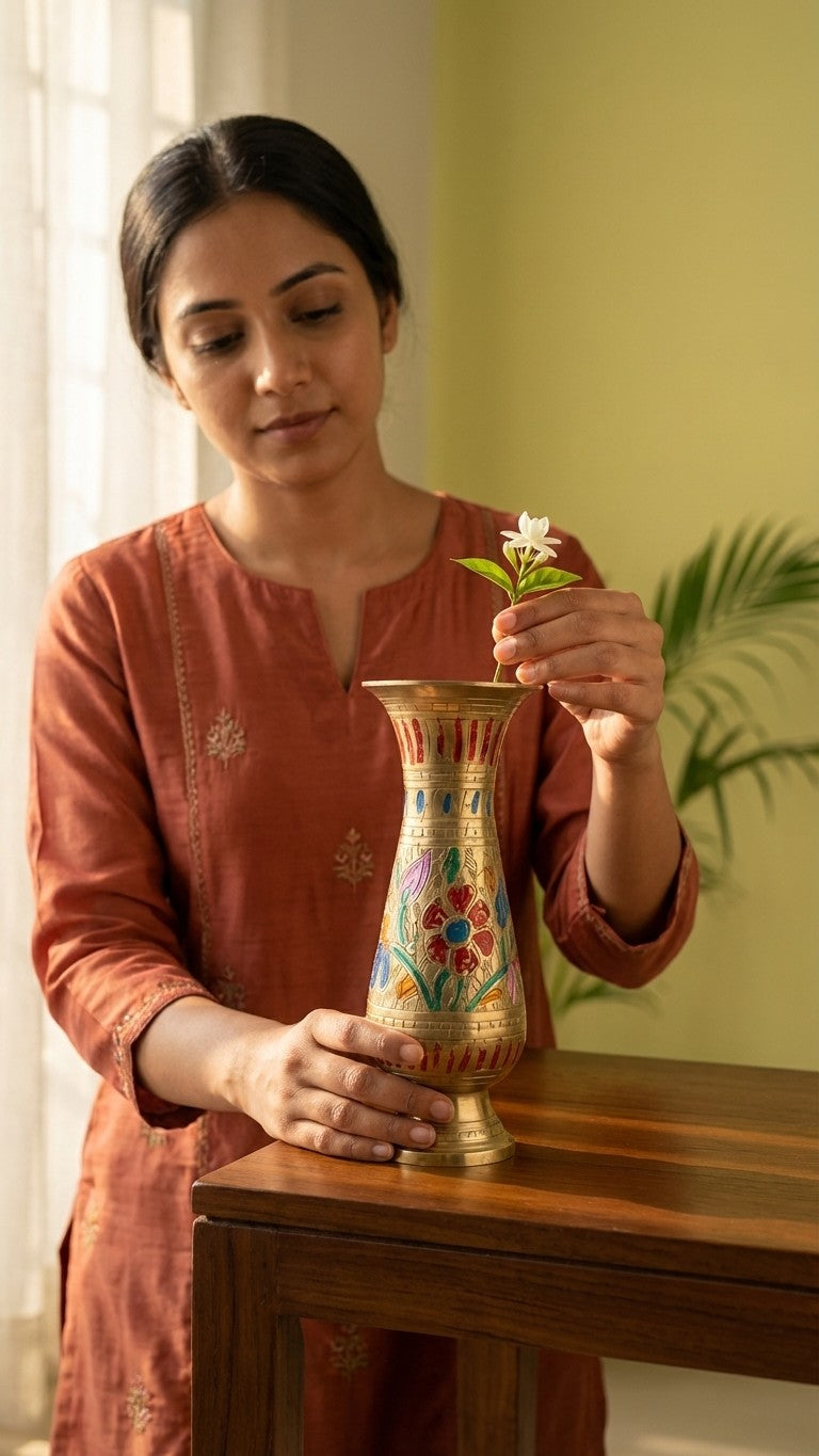 Pure Brass & Glass Decorative Vase | Handcrafted Meenakari Flower Vase | Svarn Studio