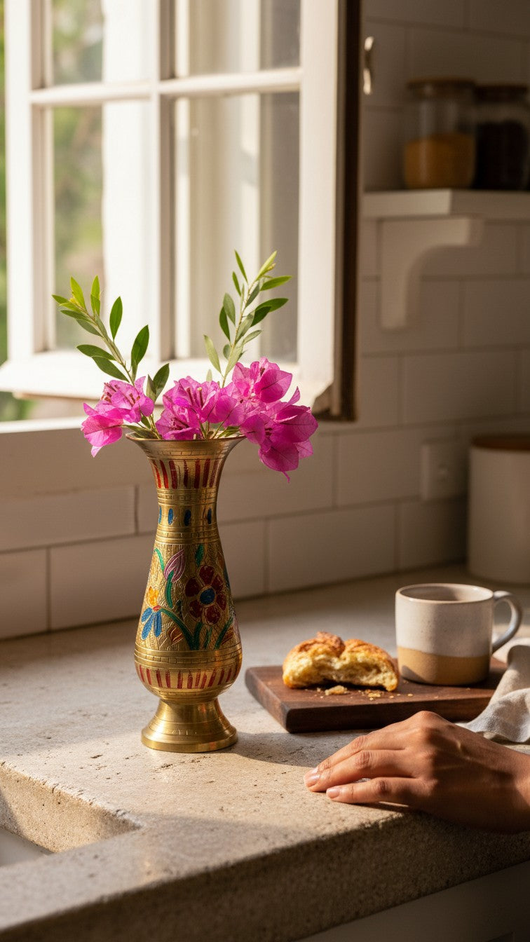 Pure Brass & Glass Decorative Vase | Handcrafted Meenakari Flower Vase | Svarn Studio