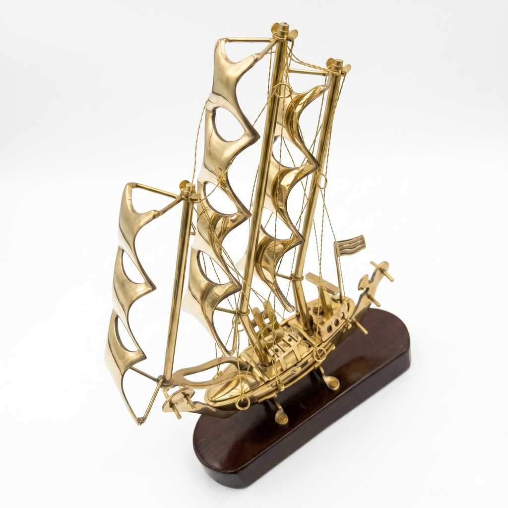 Svarn Studio Handcrafted Brass Sailing Ship Showpiece on Wooden Base | Nautical Décor Sculpture | Luxury Home & Office Decorative Figurine | Premium Corporate Gift