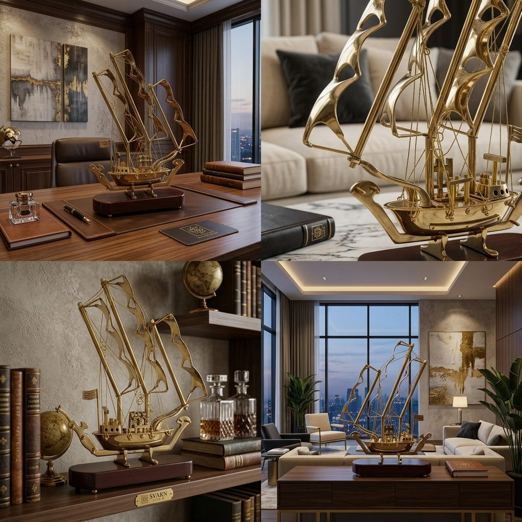 Svarn Studio Handcrafted Brass Sailing Ship Showpiece on Wooden Base | Nautical Décor Sculpture | Luxury Home & Office Decorative Figurine | Premium Corporate Gift