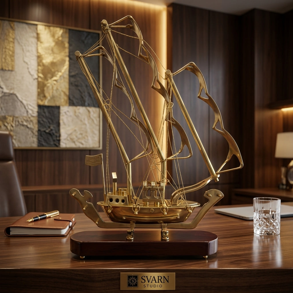 Svarn Studio Handcrafted Brass Sailing Ship Showpiece on Wooden Base | Nautical Décor Sculpture | Luxury Home & Office Decorative Figurine | Premium Corporate Gift
