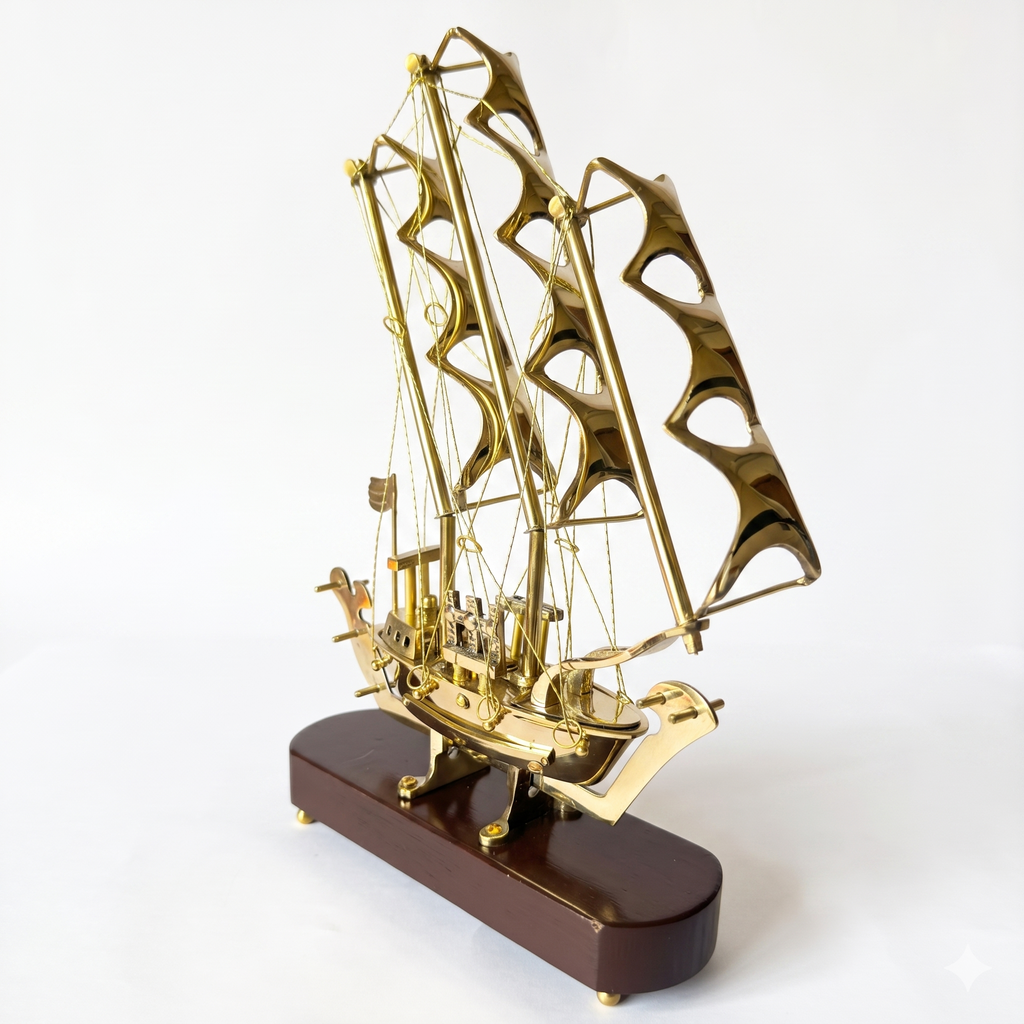 Svarn Studio Handcrafted Brass Sailing Ship Showpiece on Wooden Base | Nautical Décor Sculpture | Luxury Home & Office Decorative Figurine | Premium Corporate Gift