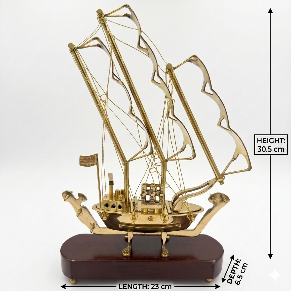 Svarn Studio Handcrafted Brass Sailing Ship Showpiece on Wooden Base | Nautical Décor Sculpture | Luxury Home & Office Decorative Figurine | Premium Corporate Gift