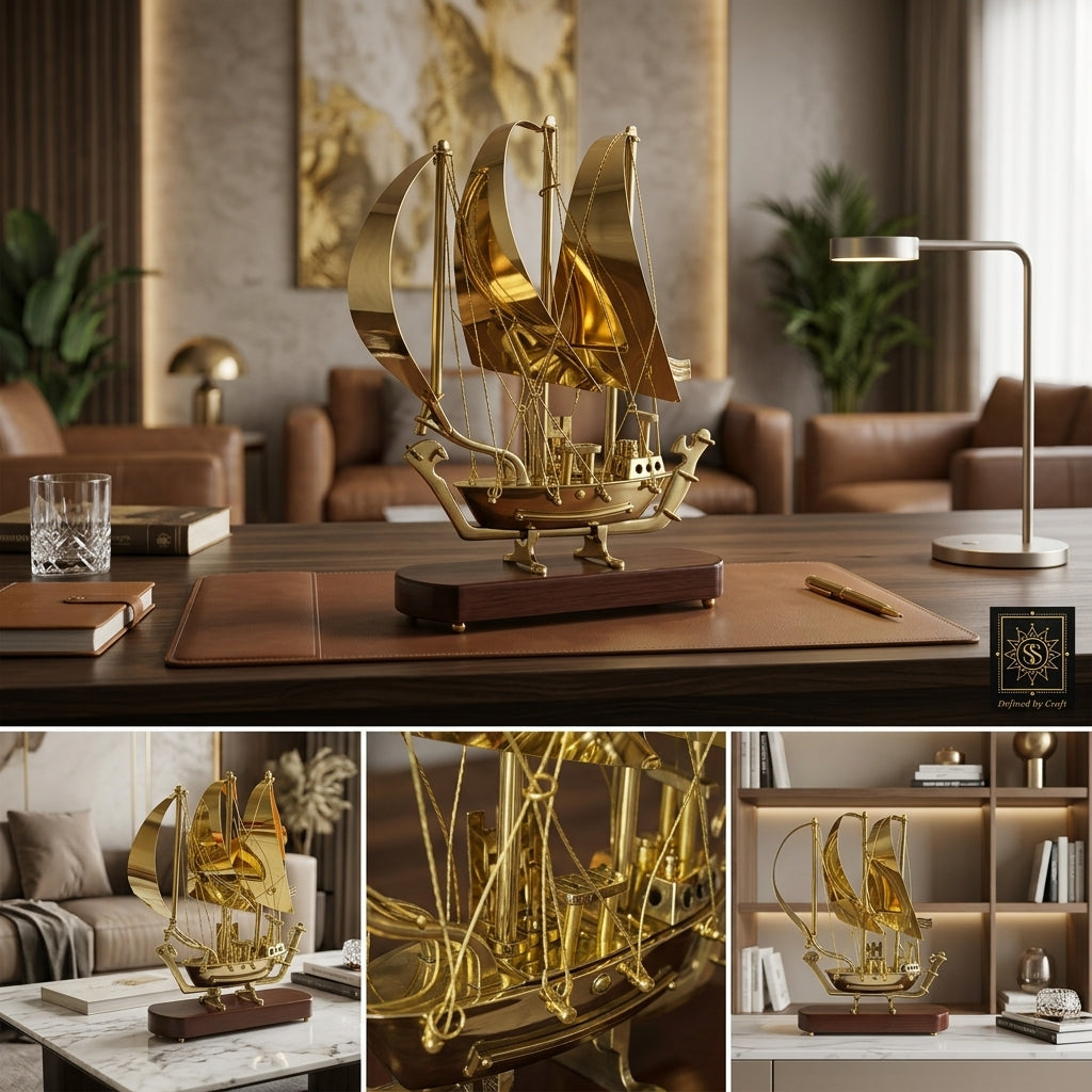 Svarn Studio Handcrafted Brass Sailing Ship Showpiece on Wooden Base | Nautical Décor Sculpture | Luxury Home & Office Decorative Figurine | Premium Corporate Gift