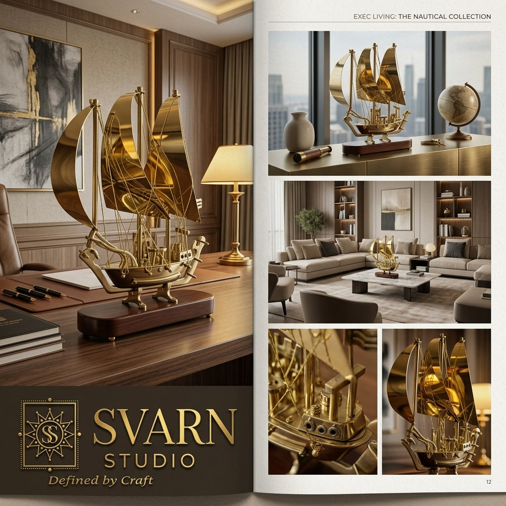 Svarn Studio Handcrafted Brass Sailing Ship Showpiece on Wooden Base | Nautical Décor Sculpture | Luxury Home & Office Decorative Figurine | Premium Corporate Gift