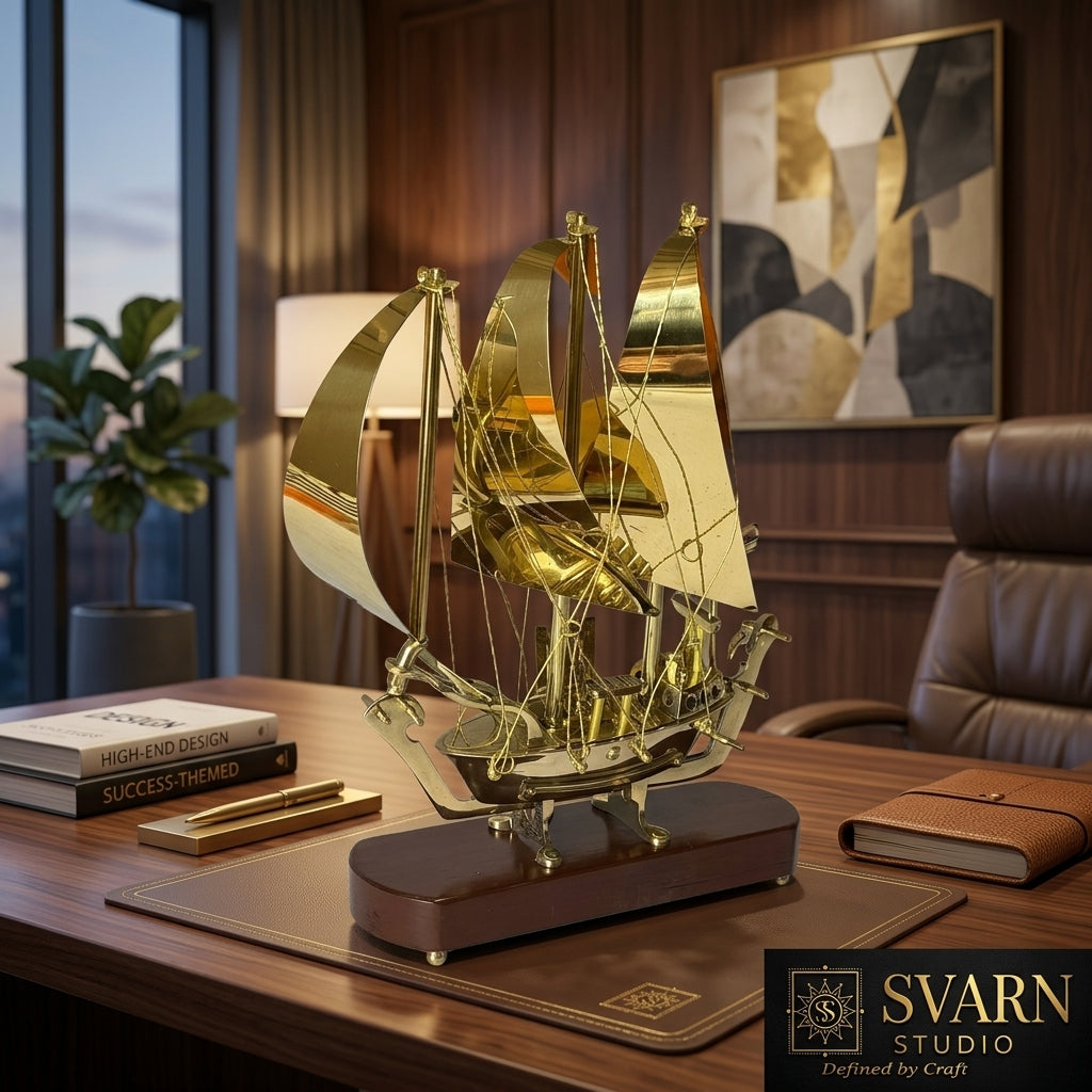 Svarn Studio Handcrafted Brass Sailing Ship Showpiece on Wooden Base | Nautical Décor Sculpture | Luxury Home & Office Decorative Figurine | Premium Corporate Gift