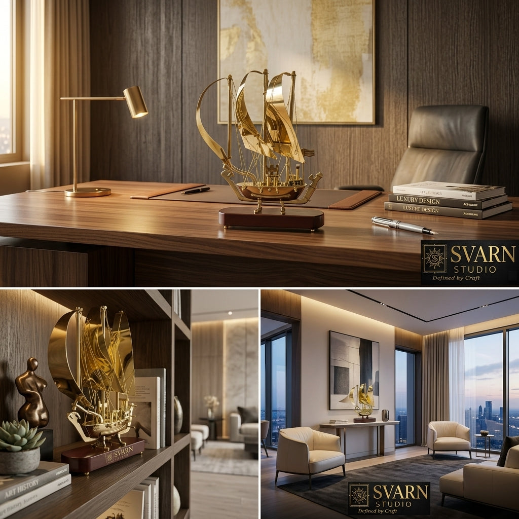 Svarn Studio Handcrafted Brass Sailing Ship Showpiece on Wooden Base | Nautical Décor Sculpture | Luxury Home & Office Decorative Figurine | Premium Corporate Gift