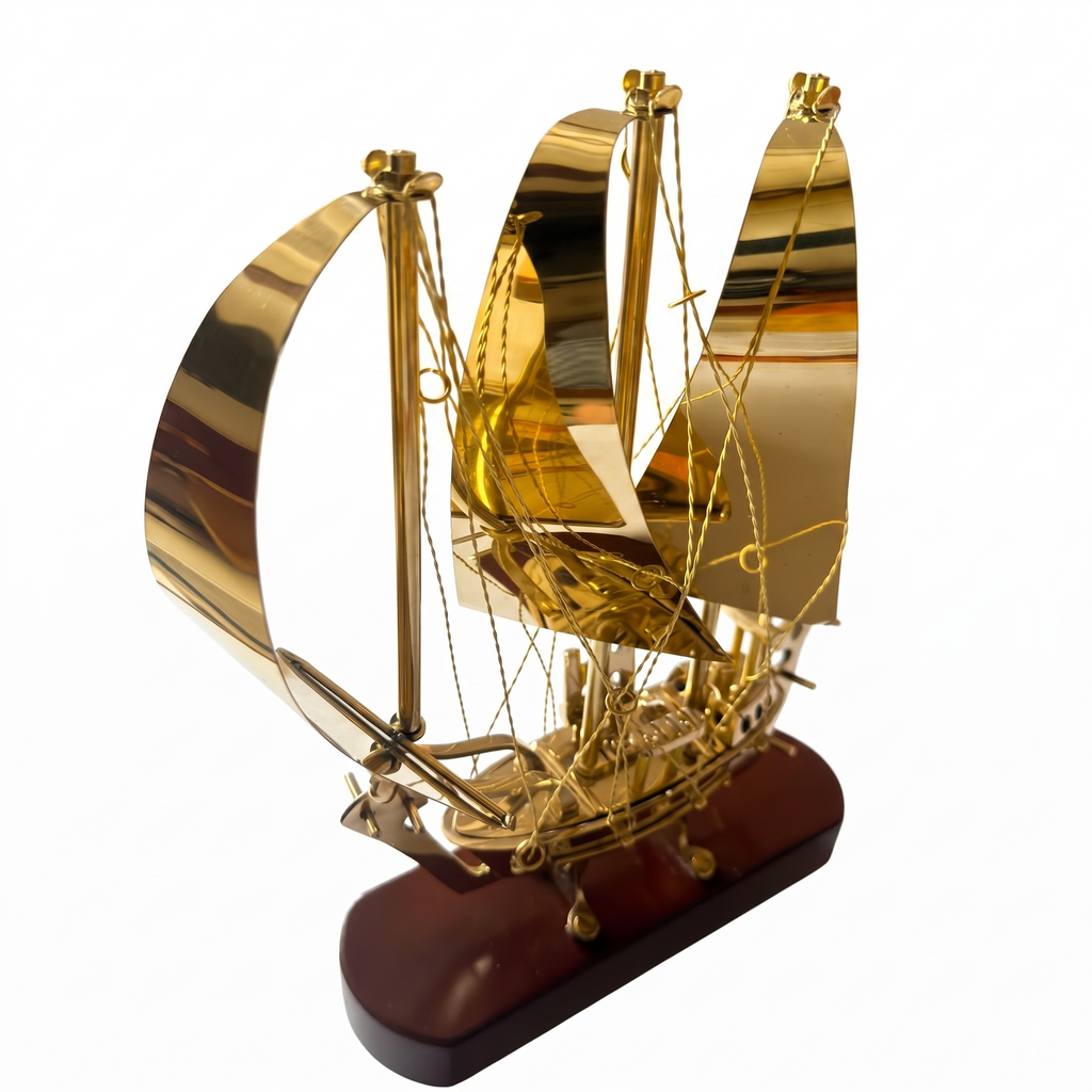 Svarn Studio Handcrafted Brass Sailing Ship Showpiece on Wooden Base | Nautical Décor Sculpture | Luxury Home & Office Decorative Figurine | Premium Corporate Gift
