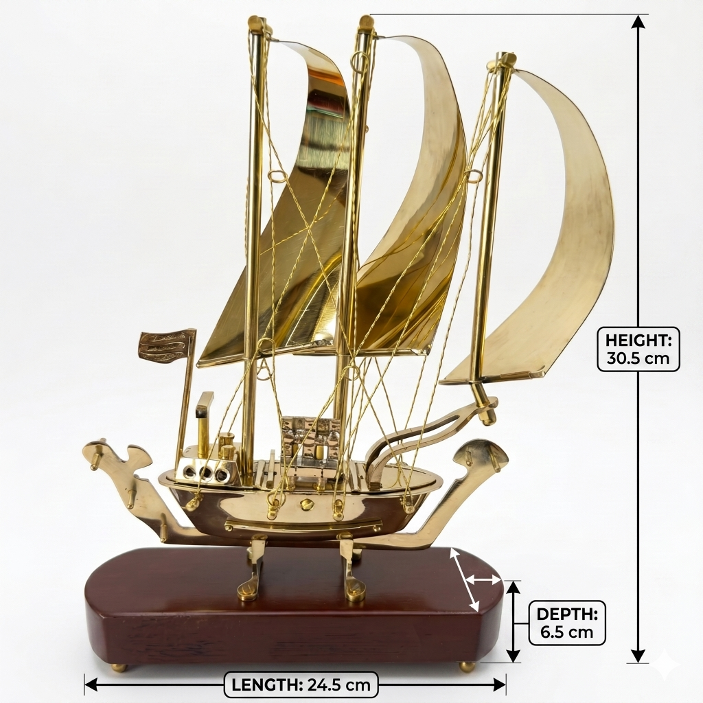 Svarn Studio Handcrafted Brass Sailing Ship Showpiece on Wooden Base | Nautical Décor Sculpture | Luxury Home & Office Decorative Figurine | Premium Corporate Gift