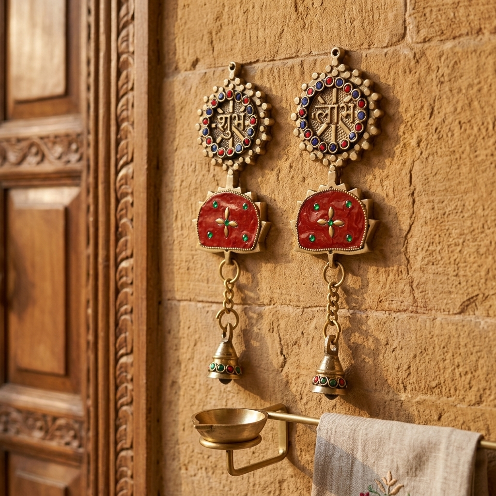 Svarn Studio Brass Shubh Labh Hanging - Close-up of Red Stone Work and Bell Detail
