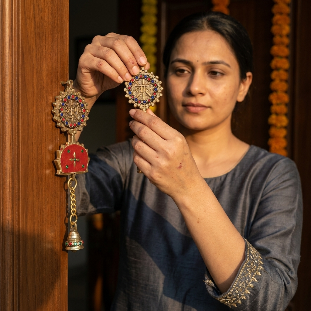 Svarn Studio Brass Shubh Labh Hanging - Lifestyle on Rustic Stone Wall with Diya