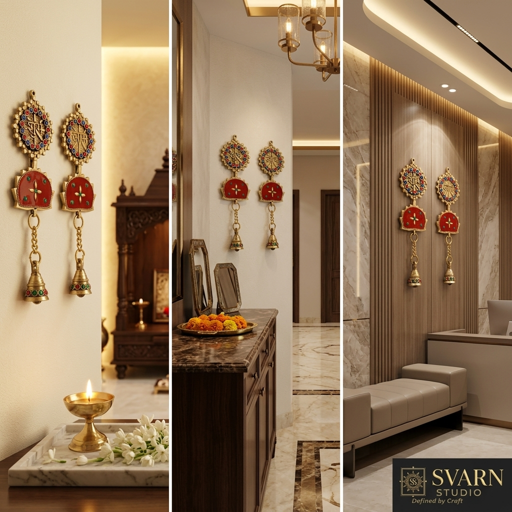 Svarn Studio Brass Shubh Labh Hanging - Lifestyle in Pooja Room with Ganesha and Diya