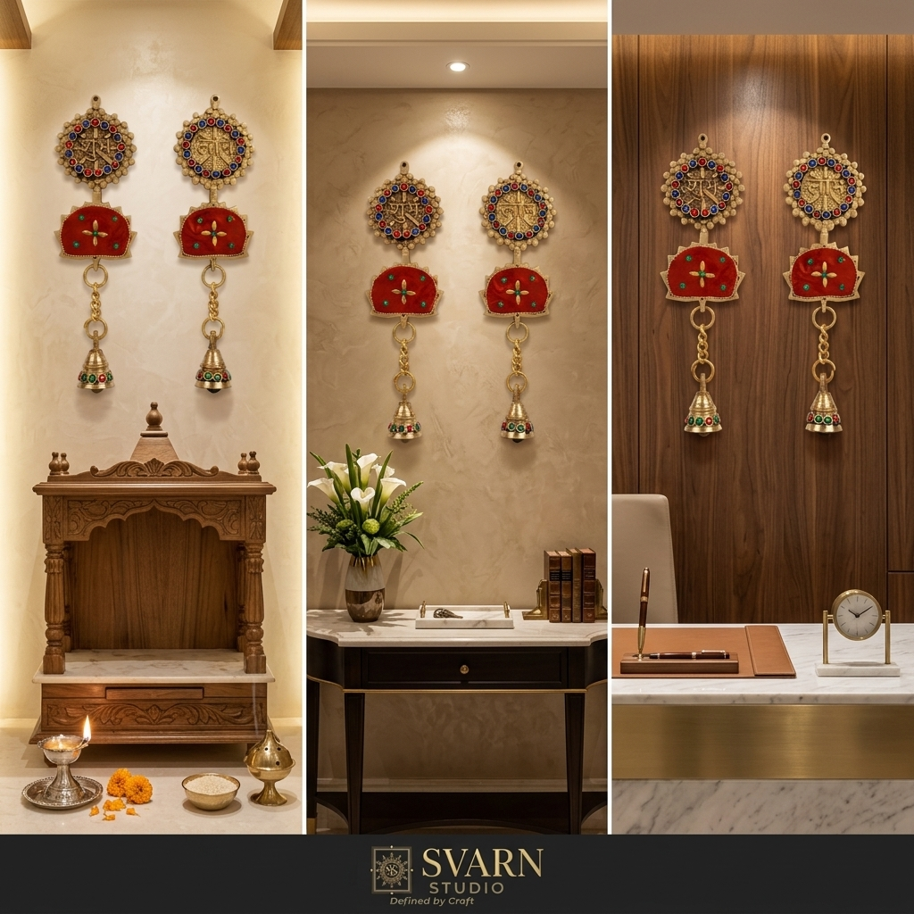 Svarn Studio Brass Shubh Labh Hanging - Lifestyle Collage in Pooja Room, Foyer and Luxury Interiors
