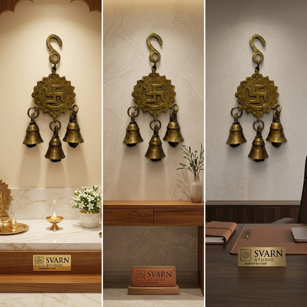 Svarn Studio Brass Swastik Hanging - Lifestyle in Pooja Room, Living Room and Office