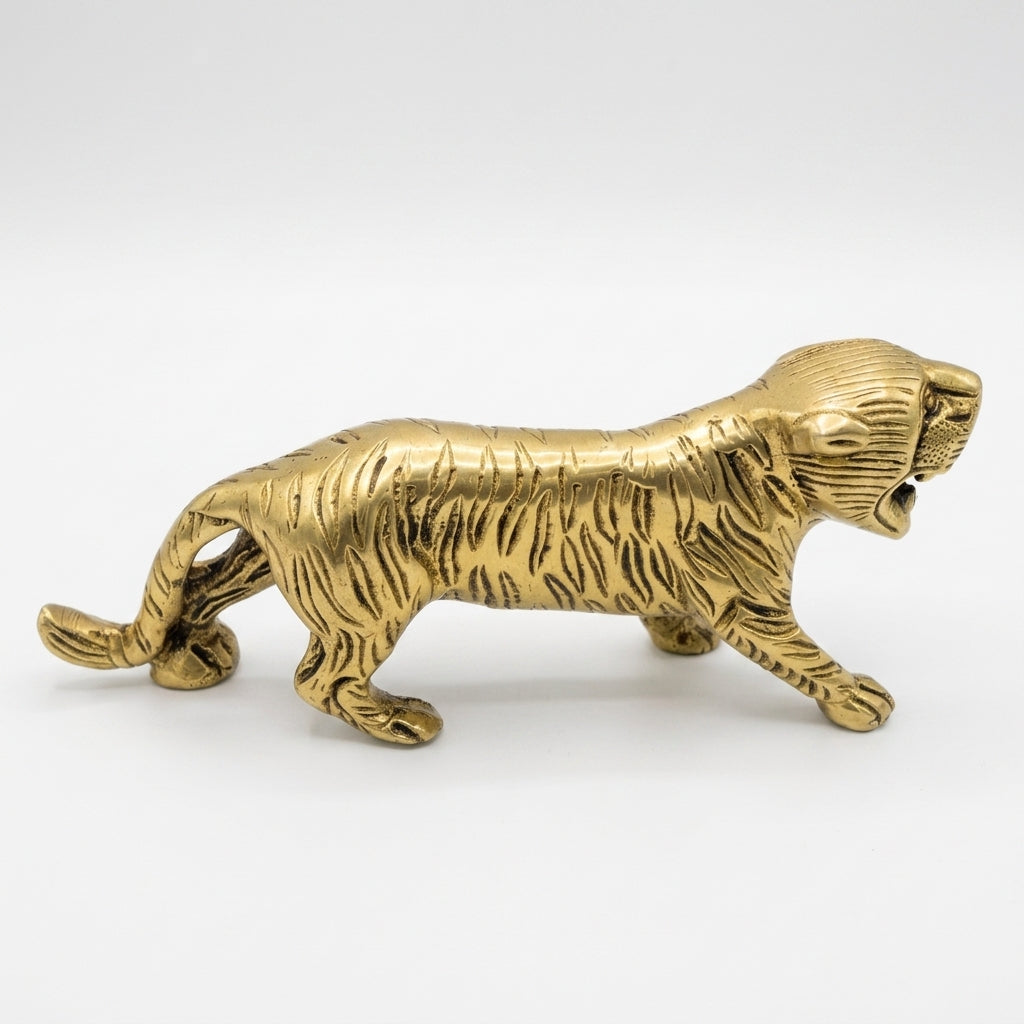 Svarn Studio Brass Prowling Tiger Figurine | Roaring Stride | Antique Gold | 18 cm