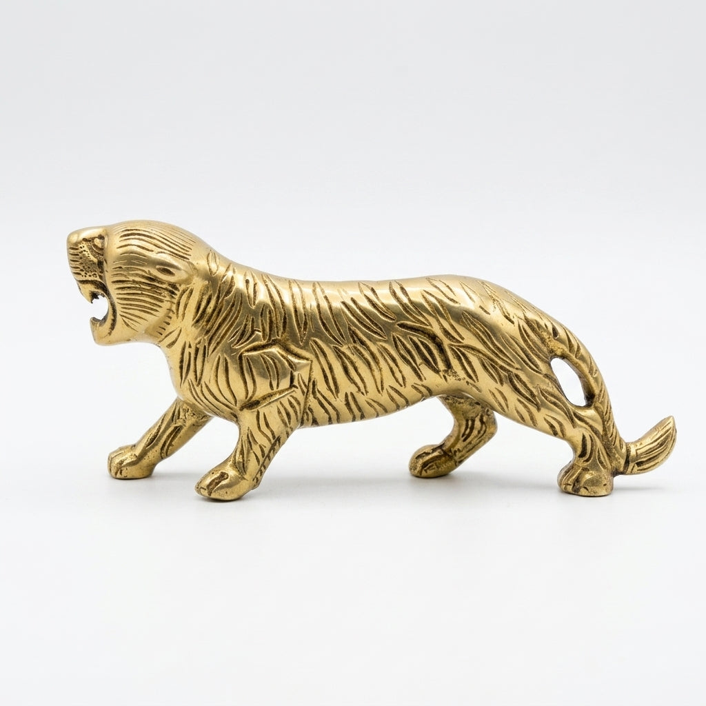 Svarn Studio Brass Prowling Tiger Figurine | Roaring Stride | Antique Gold | 18 cm