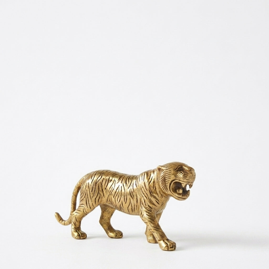 Svarn Studio Brass Prowling Tiger Figurine | Roaring Stride | Antique Gold | 18 cm