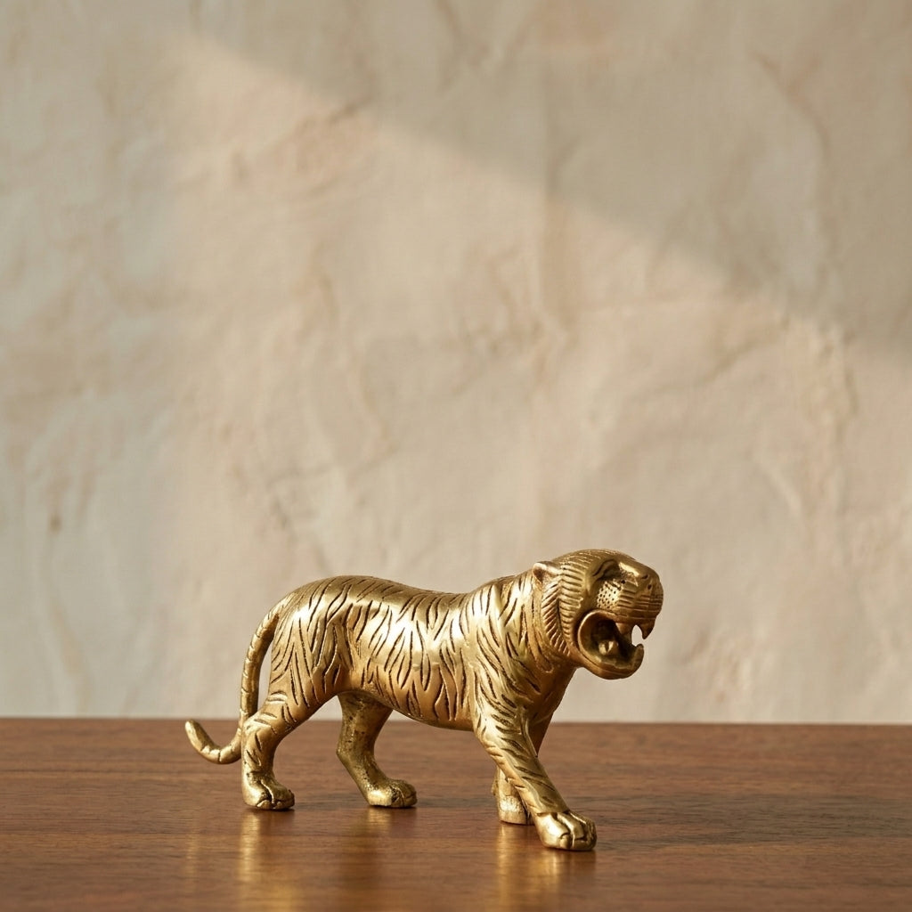 Svarn Studio Brass Prowling Tiger Figurine | Roaring Stride | Antique Gold | 18 cm