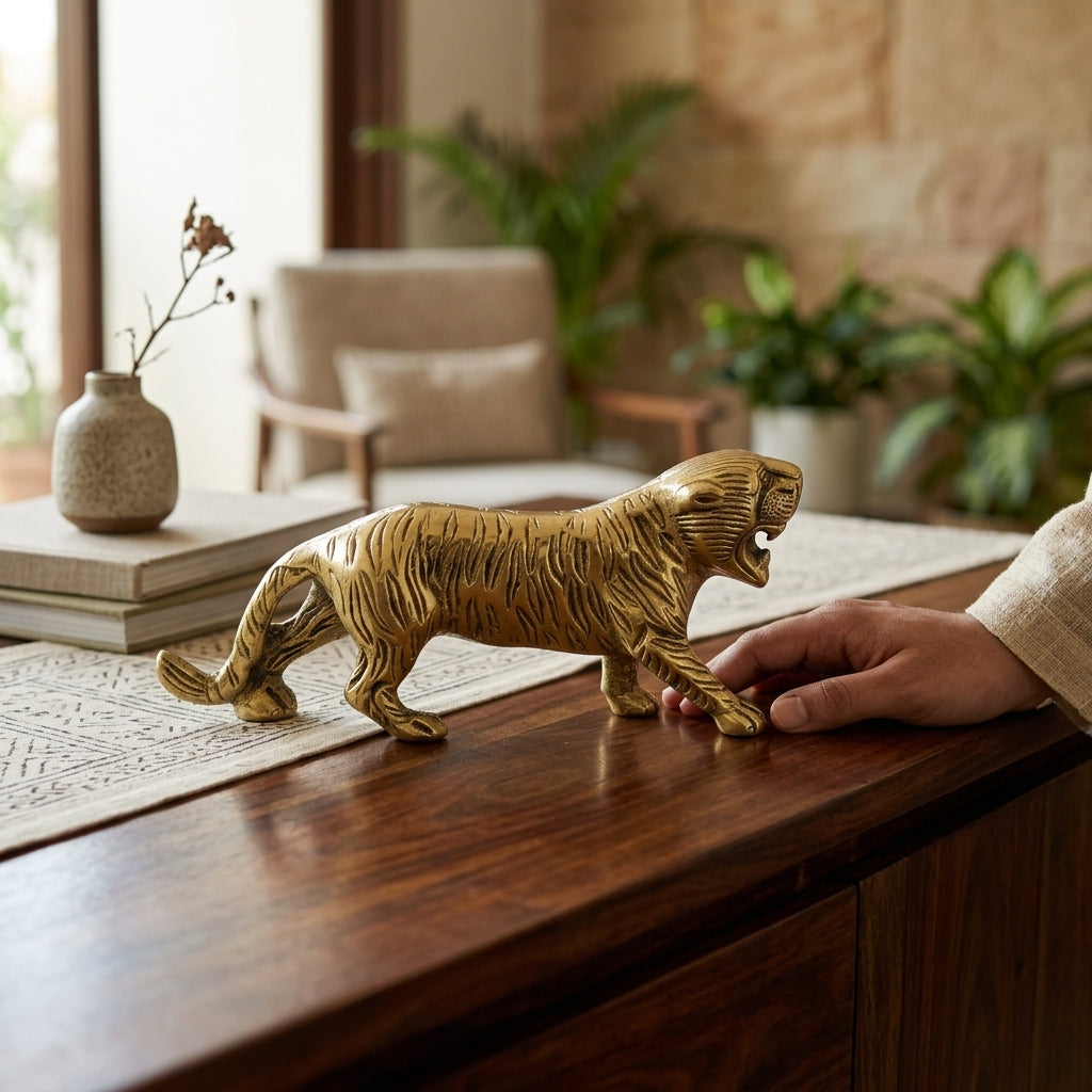 Svarn Studio Brass Prowling Tiger Figurine | Roaring Stride | Antique Gold | 18 cm