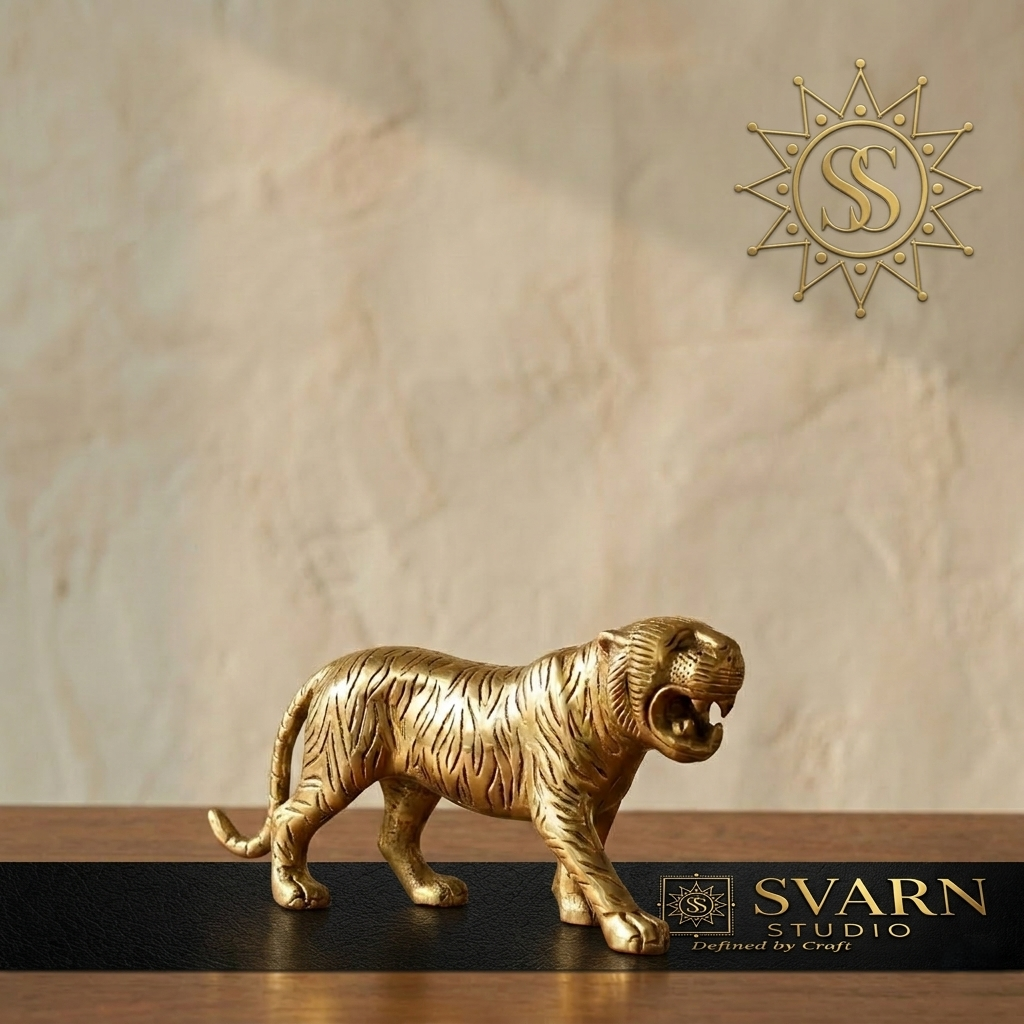 Svarn Studio Brass Prowling Tiger Figurine | Roaring Stride | Antique Gold | 18 cm